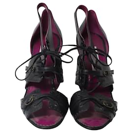 Manolo Blahnik-Manolo Blahnik Strappy Lace Open Toe Heels in Black Leather-Black