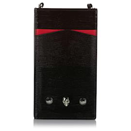 Alexander Mcqueen-Alexander McQueen Black Embossed Leather Phone Case on Chain-Black,Red