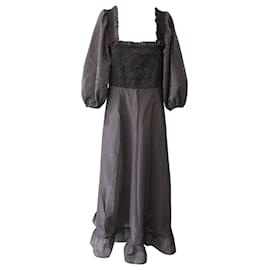 Ganni-Ganni Robe mi-longue smockée à volants en soie noire-Noir