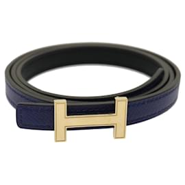 Hermès-HERMES Focus Belt Leather Blue Black Silver Auth ar6843-Black,Silvery,Blue