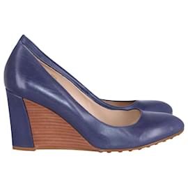 Tod's-Tod's Zeppa Wedge Pumps in Blue Leather -Blue