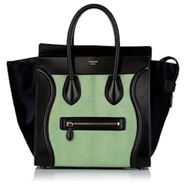 Céline-Celine Green Mini Luggage Bicolor Pony Hair Tote Bag-Black,Green