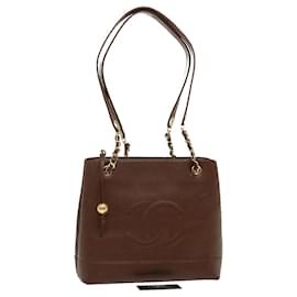 Chanel-CHANEL Chain Tote Bag Caviar Skin Brown CC Auth ar7025-Brown