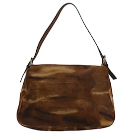 Fendi-FENDI Unborn Calf Skin Mamma Baguette Shoulder Bag Brown Auth yk4499-Brown