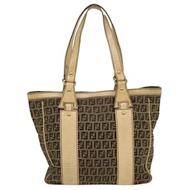 Fendi-FENDI Zucchino Canvas Tote Bag Brown Auth th2676-Brown
