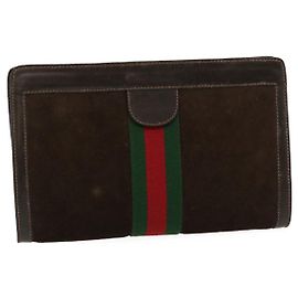 GUCCI Web Sherry Line GG Pochette Cuir Daim Marron Rouge Vert Auth ar6877 Marron Rouge Vert