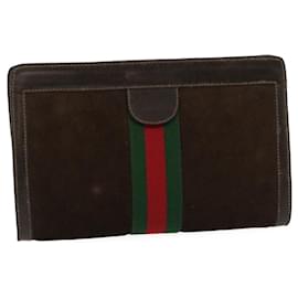 Gucci-GUCCI Web Sherry Line GG Clutch Bag Suede Leather Brown Red Green Auth ar6877-Brown,Red,Green