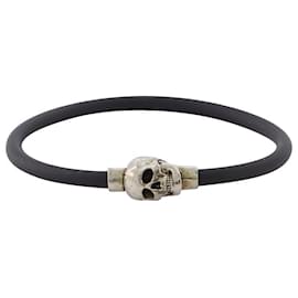 Alexander Mcqueen-Cord Rubber Skull Bracelet in Silver and Black Brass-Silvery,Metallic