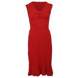 Prada V-neck with Bow Midi Dress in Red Polyester Red