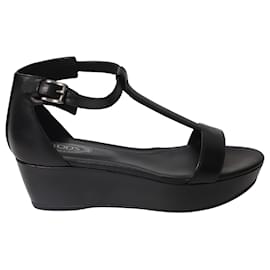 Tod's-Tod's T-Strap Wedge Platform Ankle Strap Sandals in Black Leather-Black