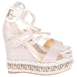 Christian Louboutin-Christian Louboutin Chocazeppa Metallic Platform Wedge Sandals in Silver Leather-Silvery