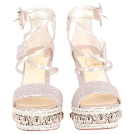 Christian Louboutin-Christian Louboutin Chocazeppa Metallic Platform Wedge Sandals in Silver Leather-Silvery