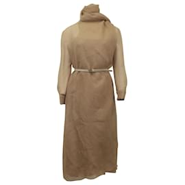 Fendi-Fendi Robe mi-longue cloquée à ceinture en soie nude-Chair