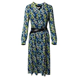 Michael Kors-Michael Kors Kate Belted Floral-Print Midi Dress in Blue Polyester-Blue