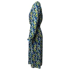 Michael Kors-Michael Kors Kate Belted Floral-Print Midi Dress in Blue Polyester-Blue