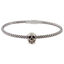 Alexander Mcqueen-Cord Metallic Skull Bracelet in Silver Brass-Silvery,Metallic
