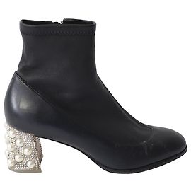 Sophia Webster Embellished Heel ankle Boots in Black Leather Black