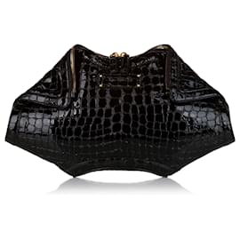 Alexander Mcqueen-Alexander McQueen Black De Manta Embossed Patent Leather Clutch Bag-Black