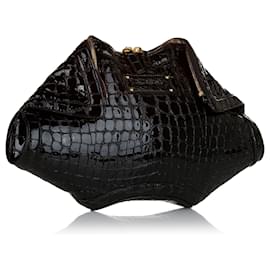Alexander Mcqueen-Alexander McQueen Black De Manta Embossed Patent Leather Clutch Bag-Black