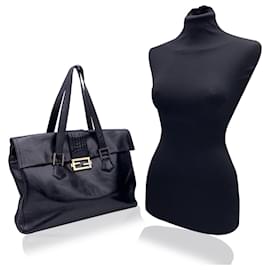 Fendi-Black Leather Big Mama Shoulder Bag Tote Satchel-Black