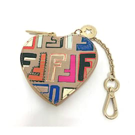 Fendi-[Used] FENDI Zucca pattern heart-shaped charm bag accessory coin case-Beige