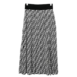 Fendi-Fendi Ltd Jupe plissée en soie avec logo Ed FF-Noir,Blanc