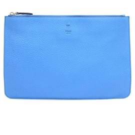 Fendi-[Used] Fendi clutch bag Selleria blue leather used men's men's logo second bag pouch-Blue