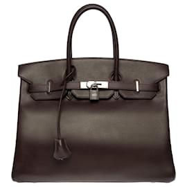 Hermès-Impresionante bolso de mano de Hermes Birkin. 35 cm en cuero marrón Epsom, adornos de metal plateado paladio-Castaño