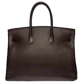 Hermès-Impresionante bolso de mano de Hermes Birkin. 35 cm en cuero marrón Epsom, adornos de metal plateado paladio-Castaño