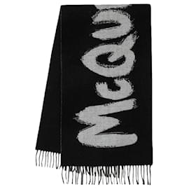 Alexander Mcqueen-Graffiti Biker Scarf in Black and Ivory Wool-Black