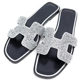 Hermès-NINE HERMES SHOES SANDALS ORAN CRYSTALS 39 SILVER BOX NEW SHOES-Silvery