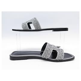 Hermès-NINE HERMES SHOES SANDALS ORAN CRYSTALS 39 SILVER BOX NEW SHOES-Silvery