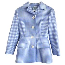 Prada AW13 Jacke mit Schößchensaum aus Ginghamwolle Weiß Blau