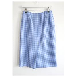 Prada-Prada AW13 Gingham Wool Pencil Skirt-White,Blue