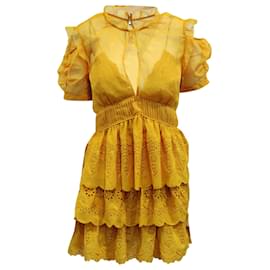 Self portrait-Self-Portrait Embroidered Tiered Mini Dress in Yellow Mustard Polyester-Yellow
