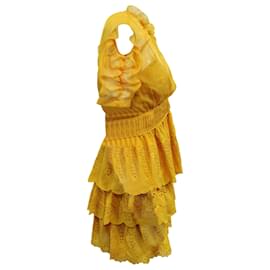 Self portrait-Self-Portrait Embroidered Tiered Mini Dress in Yellow Mustard Polyester-Yellow