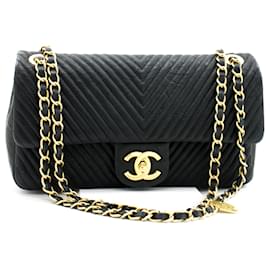 Chanel-Chanel 2015 Chevron V-Stitch Leather Flap Chain Shoulder Bag-Black