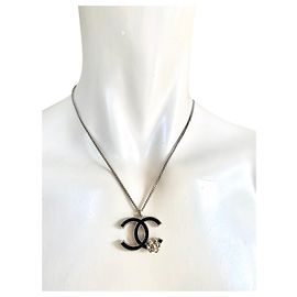 Chanel Vintage CC-Logo-Halskette Schwarz Silber Weiß