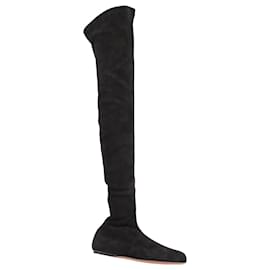 Alaïa-Alaia Thigh-High Flat Boots in Black Suede-Black