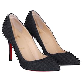 Christian Louboutin-Christian Louboutin Pigalle Spikes 100 in Flannel Grey Wool-Grey