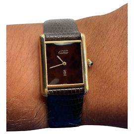 Cartier Tank Must Silver Watch Brown Exotic Strap Brown