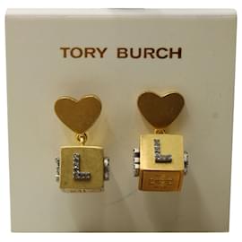 Tory Burch-Brincos Tory Burch Love Cube em metal dourado-Dourado