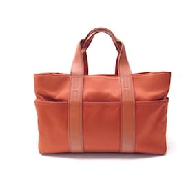Hermès-HERMES ACAPULCO MM CABAS IN CANVAS & ORANGE LEATHER HAND BAG-Orange