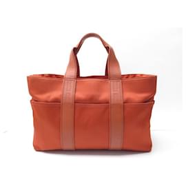 Hermès-HERMES ACAPULCO MM CABAS IN CANVAS & ORANGE LEATHER HAND BAG-Orange