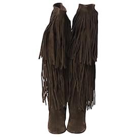 Chloé-Chloé Fringe Trim Accent Western Knee Boots in Brown Suede-Brown