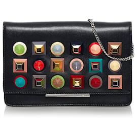 Fendi-Fendi Black Studded Leather Wallet on Chain-Black,Multiple colors