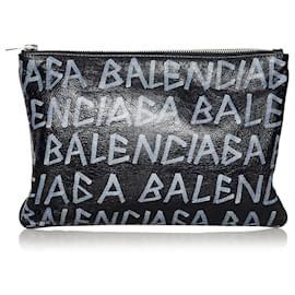 Balenciaga-Balenciaga Black Graffiti Bazaar Leather Clutch Bag-Black,White