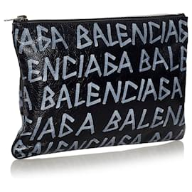 Balenciaga-Balenciaga Black Graffiti Bazaar Leather Clutch Bag-Black,White