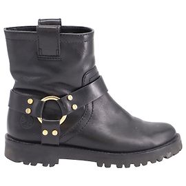 Tory Burch Side Buckle Biker Ankle Boots in Black Leather Black