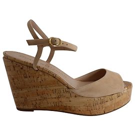 Stuart Weitzman Ankle Strap Wedges in Nude Suede  Flesh
